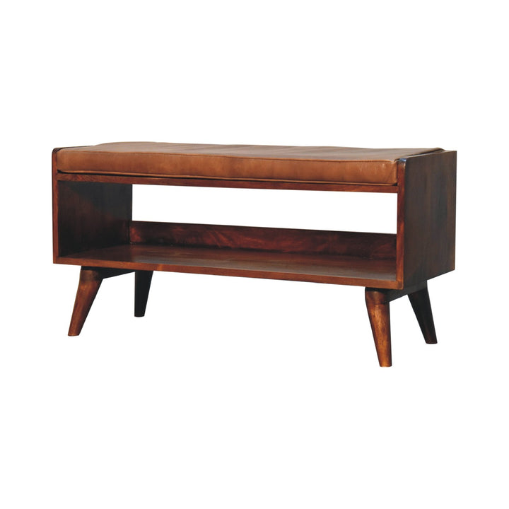 Solid Wood Chestnut Bench with Leather Seat pad, Nordic Legs, Tan and Dark Brown