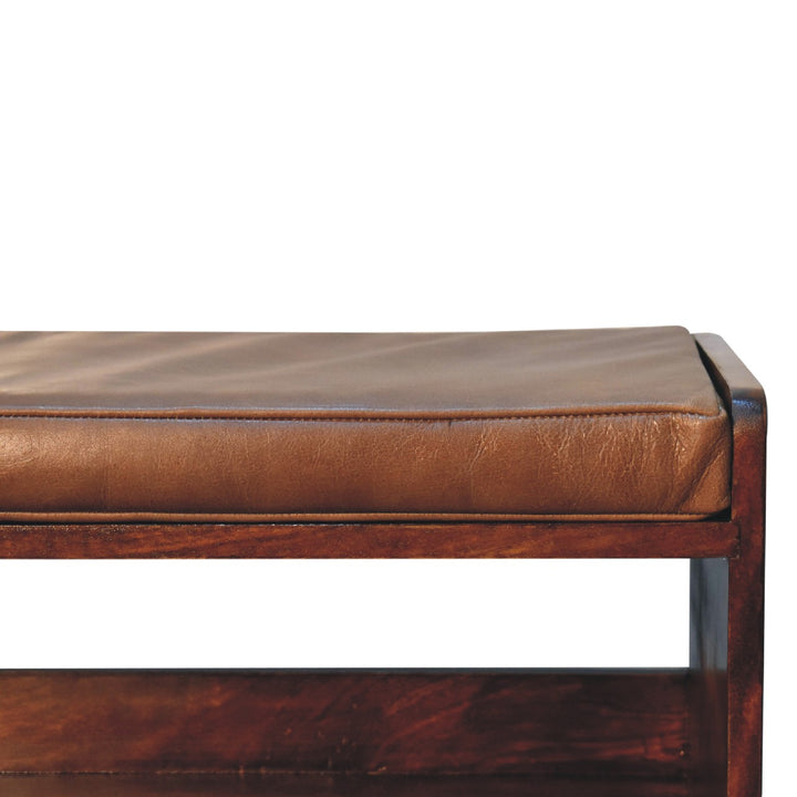 Solid Wood Chestnut Bench with Leather Seat pad, Nordic Legs, Tan and Dark Brown