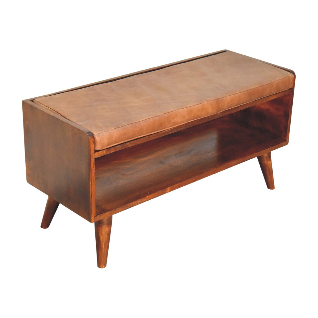 Solid Wood Chestnut Bench with Leather Seat pad, Nordic Legs, Tan and Dark Brown