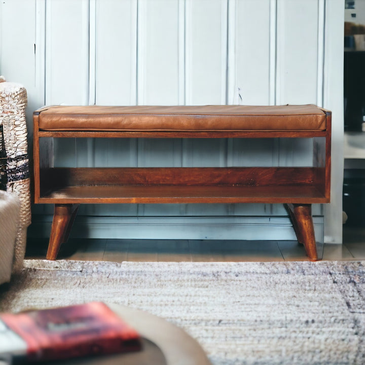 Solid Wood Chestnut Bench with Leather Seat pad, Nordic Legs, Tan and Dark Brown