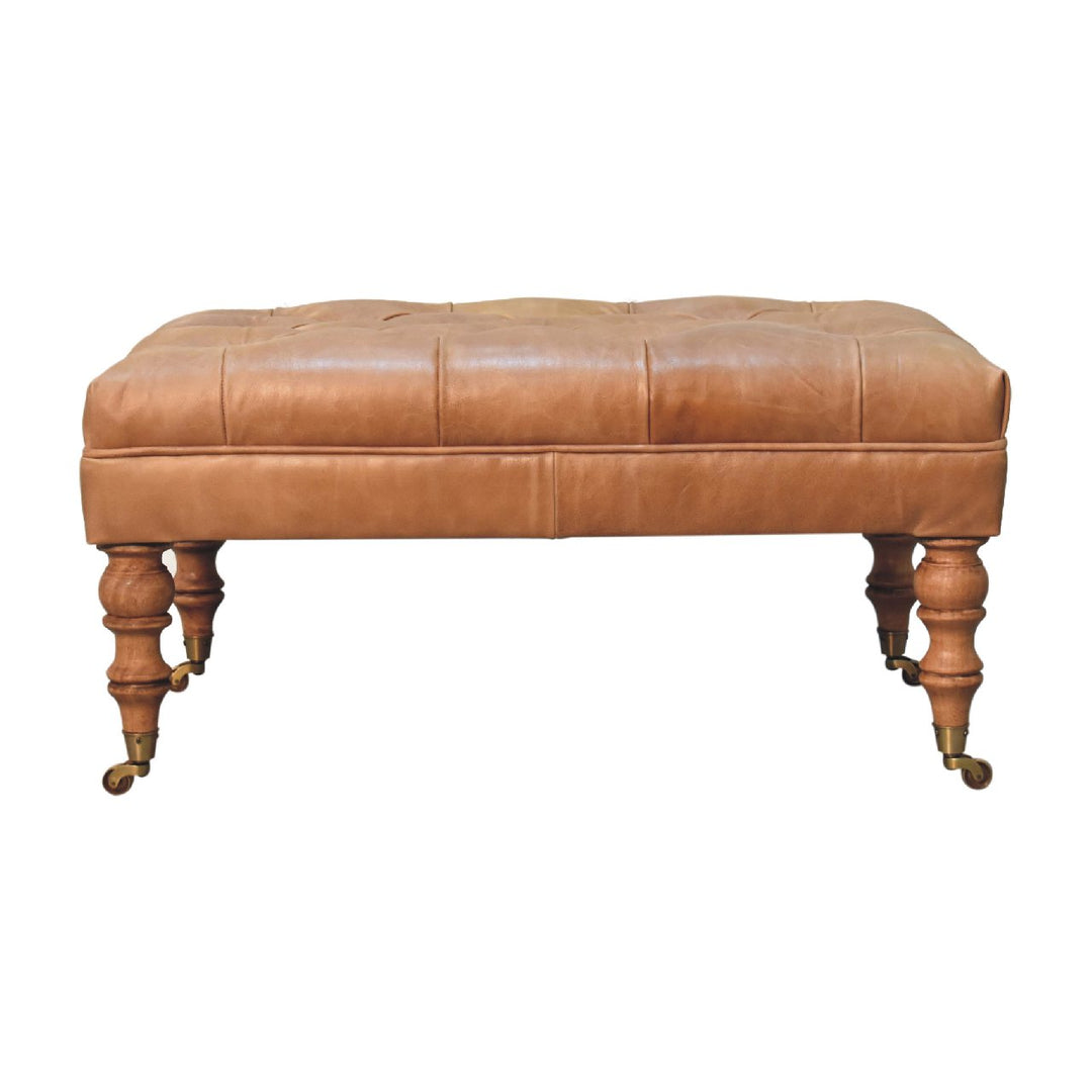 Solid Wood Buffalo Leather Ottoman with Castor Legs, Tan and Brown