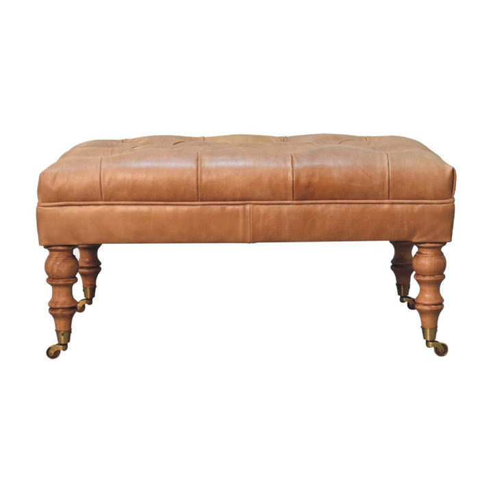 Solid Wood Buffalo Leather Ottoman with Castor Legs, Tan and Brown