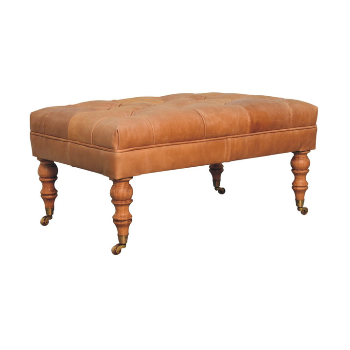 Solid Wood Buffalo Leather Ottoman with Castor Legs, Tan and Brown