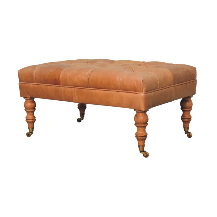 Solid Wood Buffalo Leather Ottoman with Castor Legs, Tan and Brown