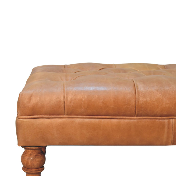 Solid Wood Buffalo Leather Ottoman with Castor Legs, Tan and Brown