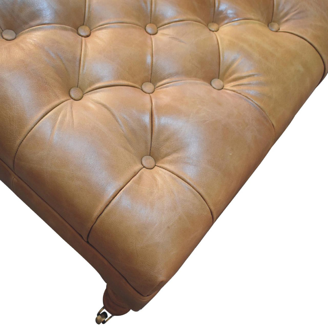 Solid Wood Buffalo Leather Ottoman with Castor Legs, Tan and Brown