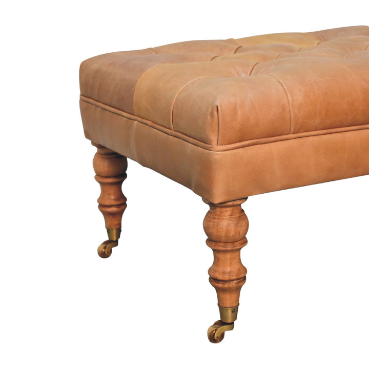 Solid Wood Buffalo Leather Ottoman with Castor Legs, Tan and Brown