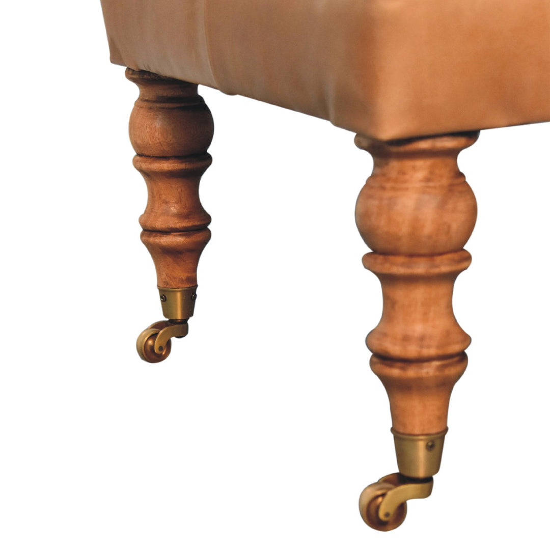 Solid Wood Buffalo Leather Ottoman with Castor Legs, Tan and Brown
