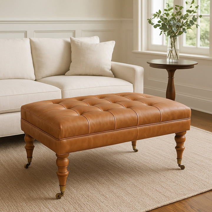 Solid Wood Buffalo Leather Ottoman with Castor Legs, Tan and Brown