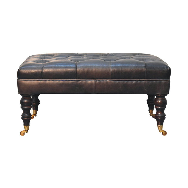 Solid Wood Buffalo Leather Upholstered Ottoman with Castor Legs, Ash Black