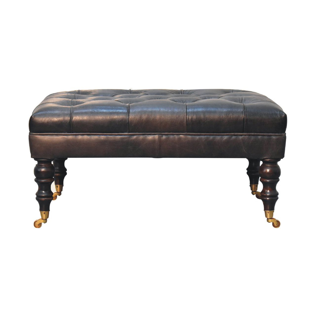 Solid Wood Buffalo Leather Upholstered Ottoman with Castor Legs, Ash Black
