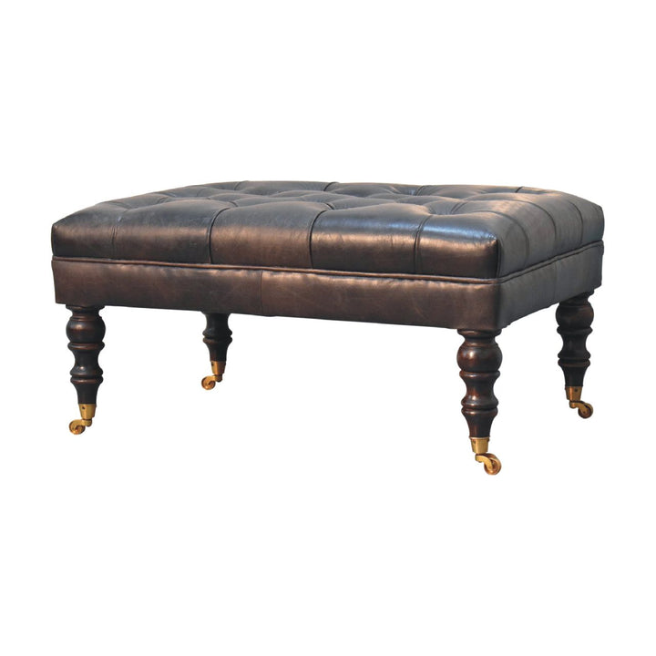 Solid Wood Buffalo Leather Upholstered Ottoman with Castor Legs, Ash Black