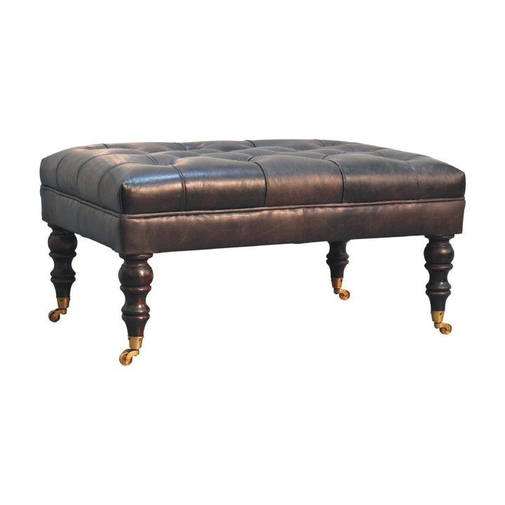 Solid Wood Buffalo Leather Upholstered Ottoman with Castor Legs, Ash Black