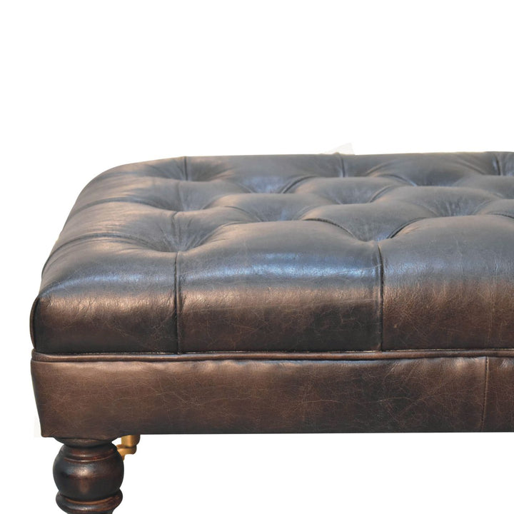 Solid Wood Buffalo Leather Upholstered Ottoman with Castor Legs, Ash Black