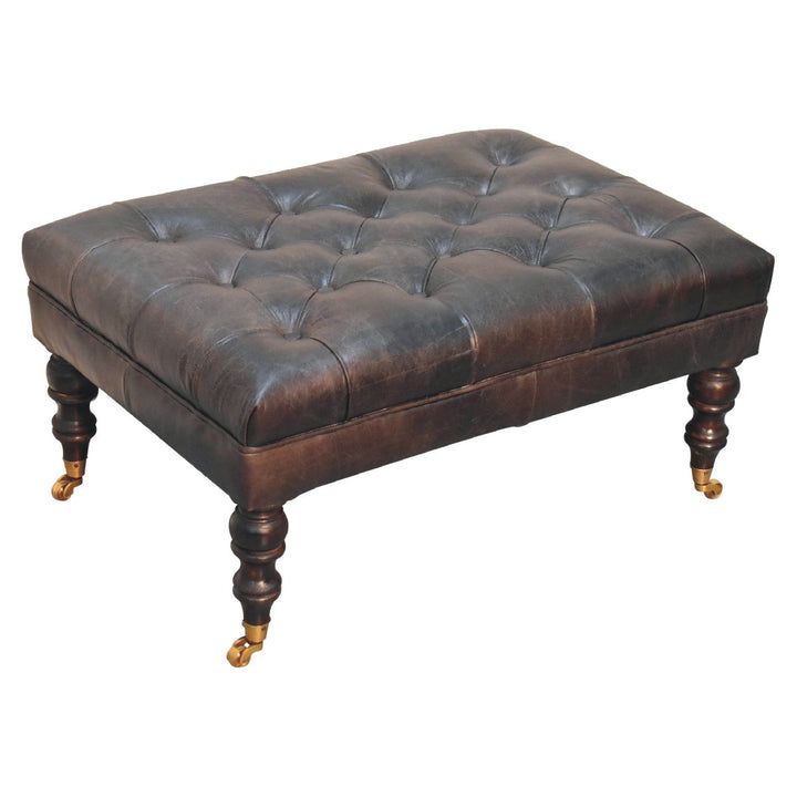 Solid Wood Buffalo Leather Upholstered Ottoman with Castor Legs, Ash Black