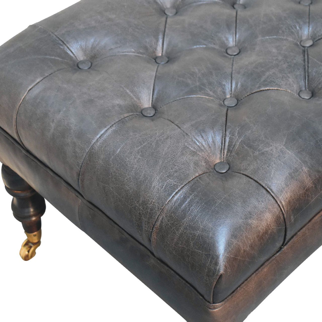 Solid Wood Buffalo Leather Upholstered Ottoman with Castor Legs, Ash Black