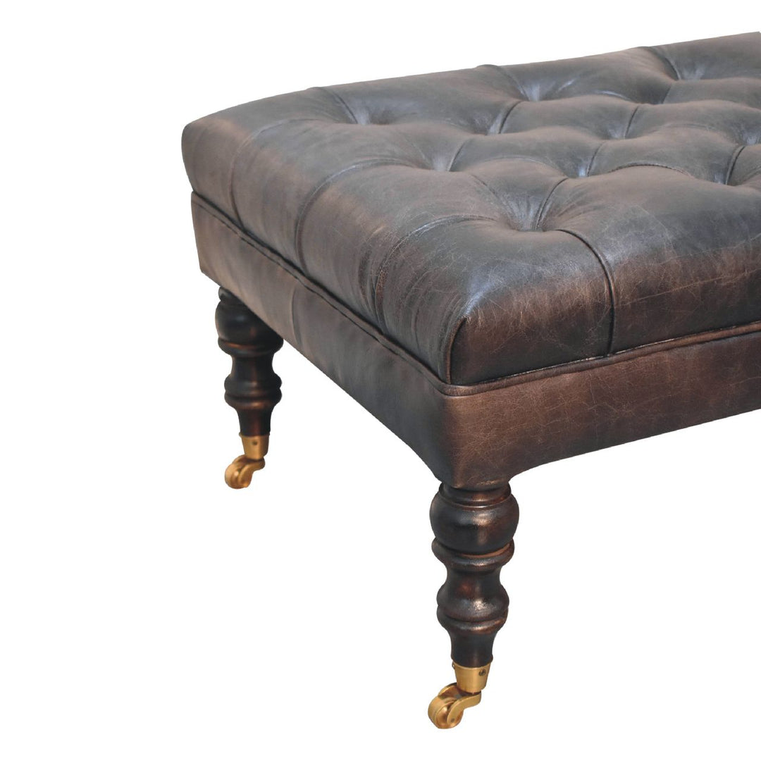 Solid Wood Buffalo Leather Upholstered Ottoman with Castor Legs, Ash Black
