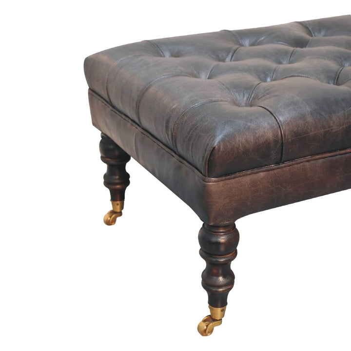 Solid Wood Buffalo Leather Upholstered Ottoman with Castor Legs, Ash Black