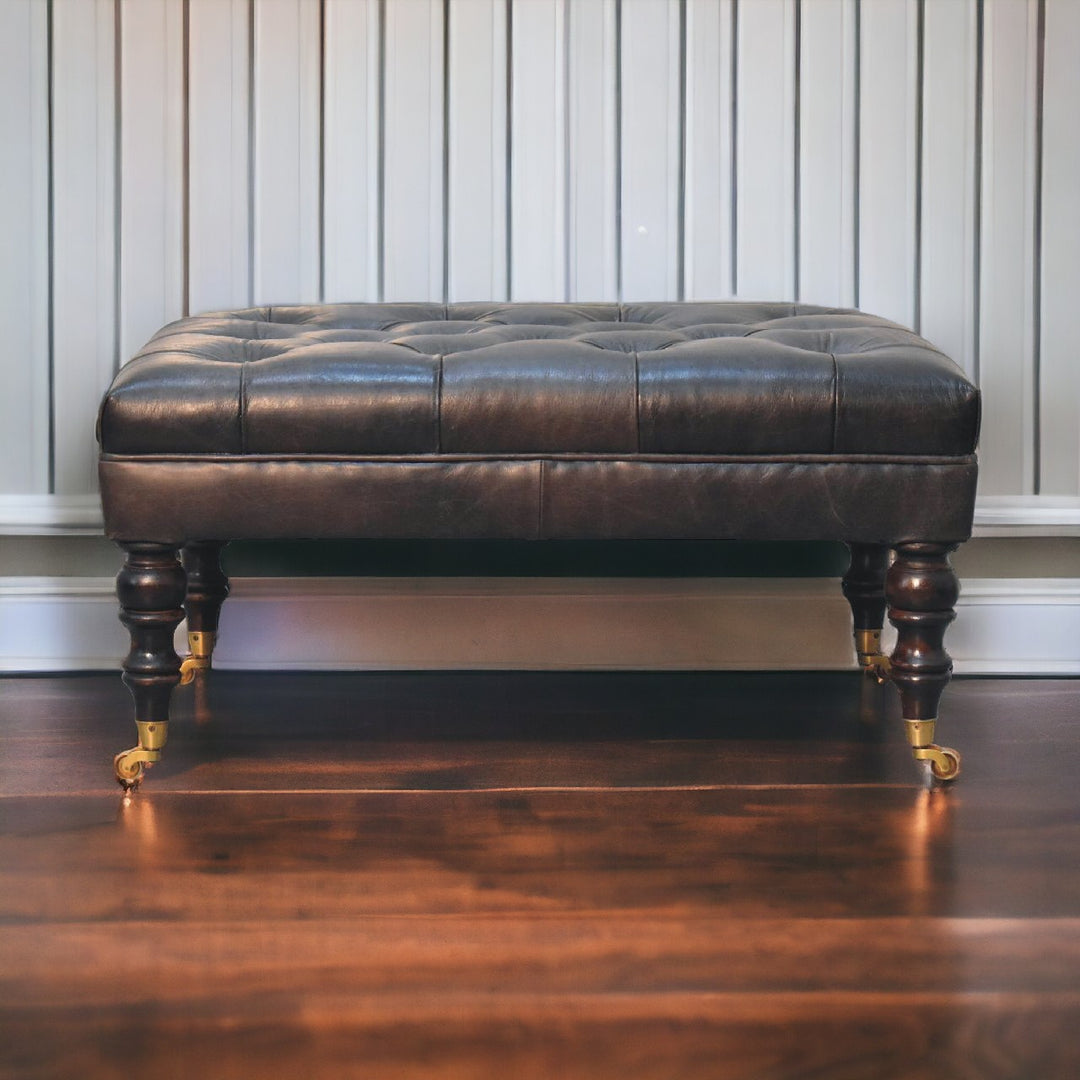 Solid Wood Buffalo Leather Upholstered Ottoman with Castor Legs, Ash Black