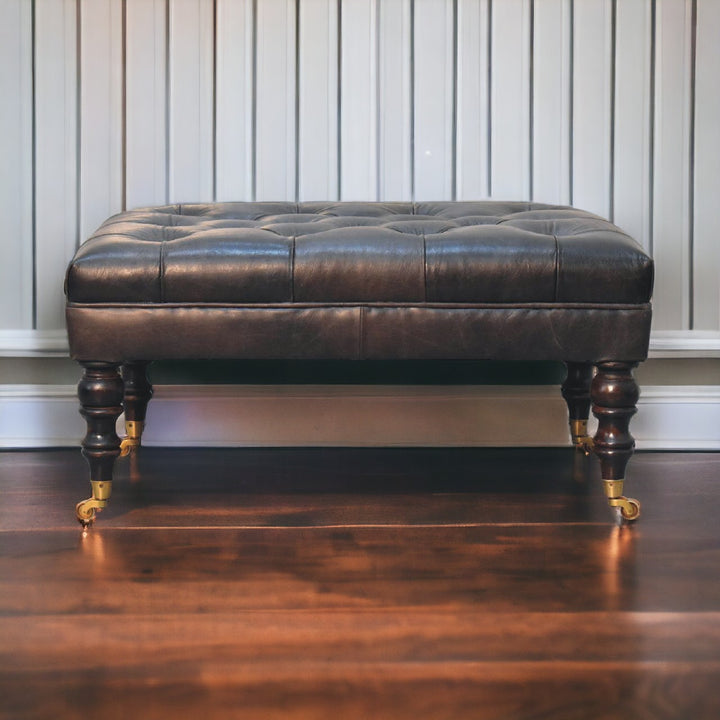Solid Wood Buffalo Leather Upholstered Ottoman with Castor Legs, Ash Black