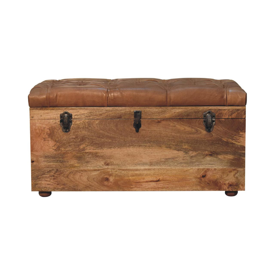 Solid Wood Buffalo Hide Oak-ish Storage Trunk, Leather Upholstered, Brown and Tan