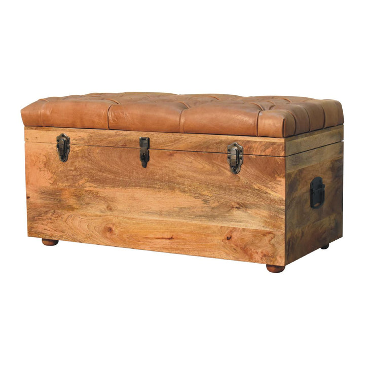 Solid Wood Buffalo Hide Oak-ish Storage Trunk, Leather Upholstered, Brown and Tan