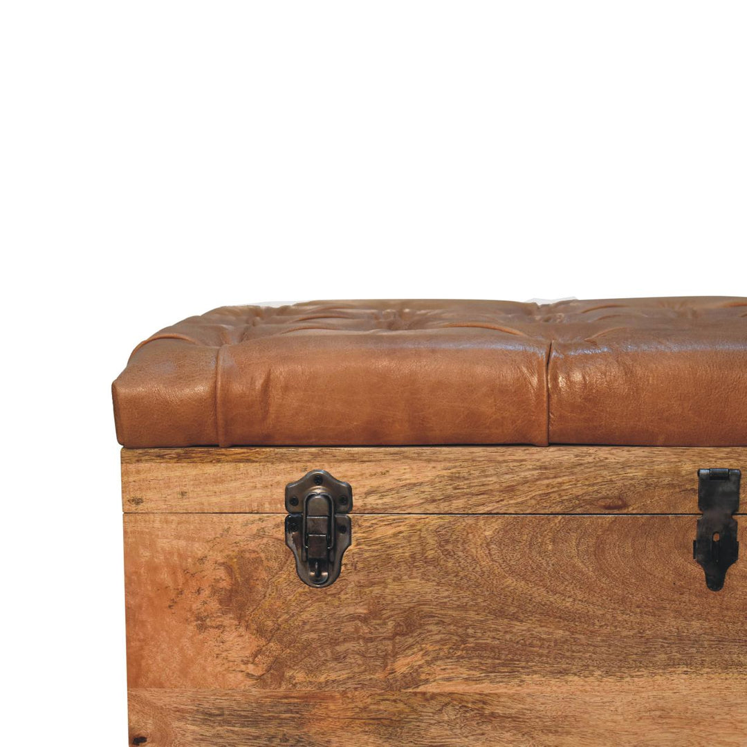 Solid Wood Buffalo Hide Oak-ish Storage Trunk, Leather Upholstered, Brown and Tan
