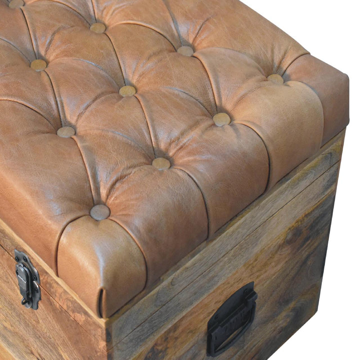Solid Wood Buffalo Hide Oak-ish Storage Trunk, Leather Upholstered, Brown and Tan
