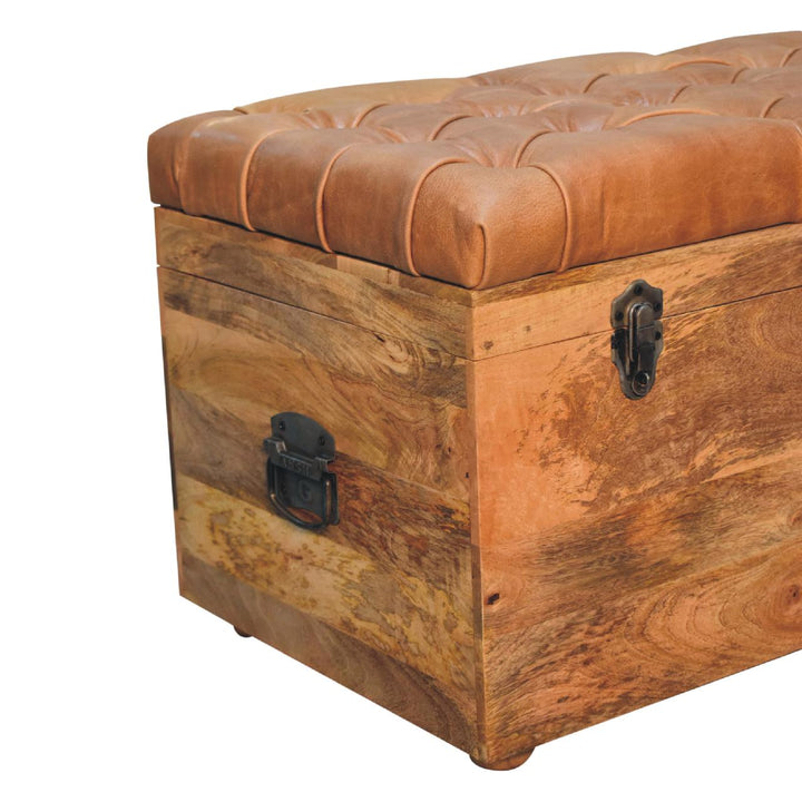 Solid Wood Buffalo Hide Oak-ish Storage Trunk, Leather Upholstered, Brown and Tan