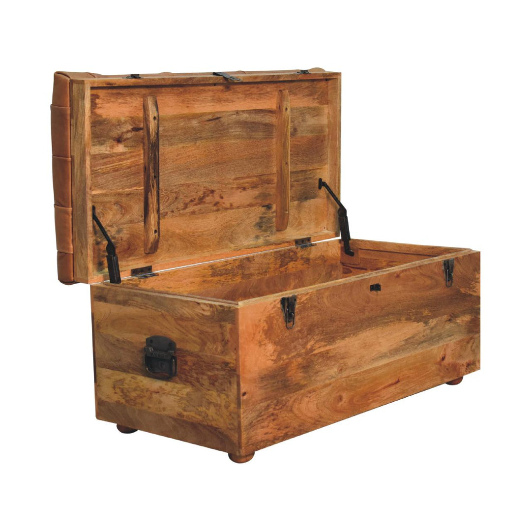 Solid Wood Buffalo Hide Oak-ish Storage Trunk, Leather Upholstered, Brown and Tan