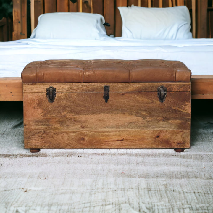 Solid Wood Buffalo Hide Oak-ish Storage Trunk, Leather Upholstered, Brown and Tan