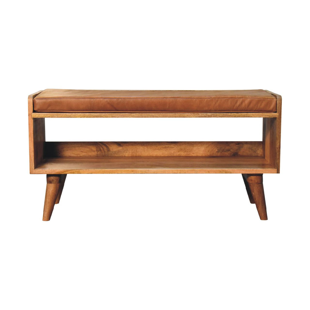 Solid Wood Bench with Leather Upholstered Seat pad, Open Storage, Oak-ish, Tan and Brown