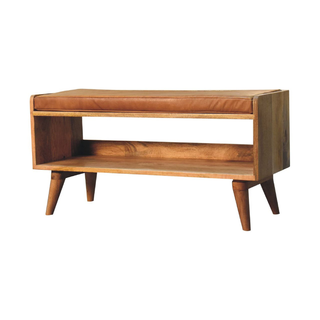 Solid Wood Bench with Leather Upholstered Seat pad, Open Storage, Oak-ish, Tan and Brown