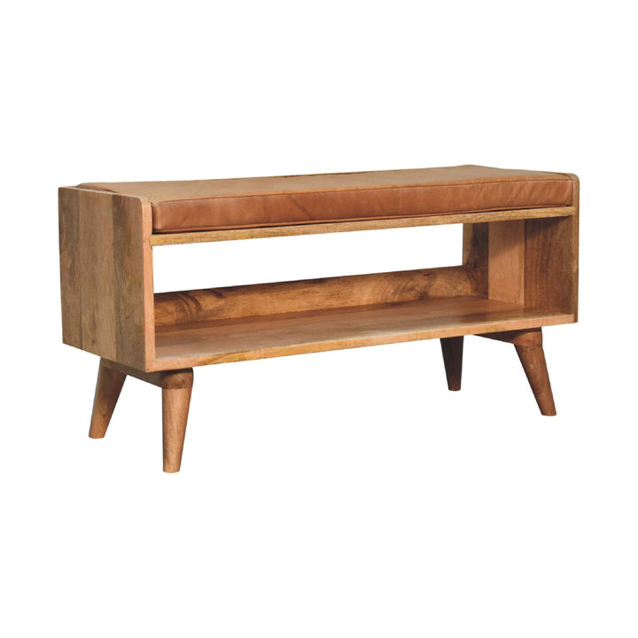 Solid Wood Bench with Leather Upholstered Seat pad, Open Storage, Oak-ish, Tan and Brown