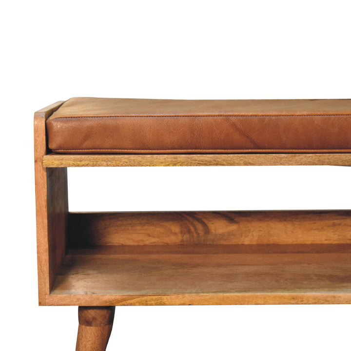 Solid Wood Bench with Leather Upholstered Seat pad, Open Storage, Oak-ish, Tan and Brown