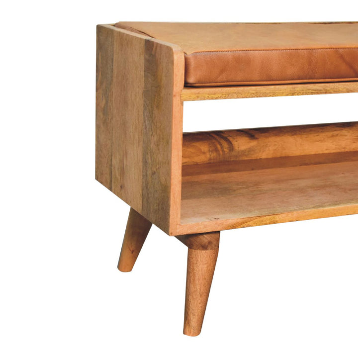 Solid Wood Bench with Leather Upholstered Seat pad, Open Storage, Oak-ish, Tan and Brown