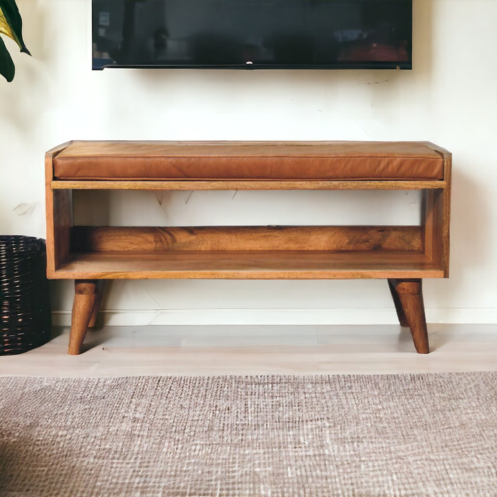 Solid Wood Bench with Leather Upholstered Seat pad, Open Storage, Oak-ish, Tan and Brown