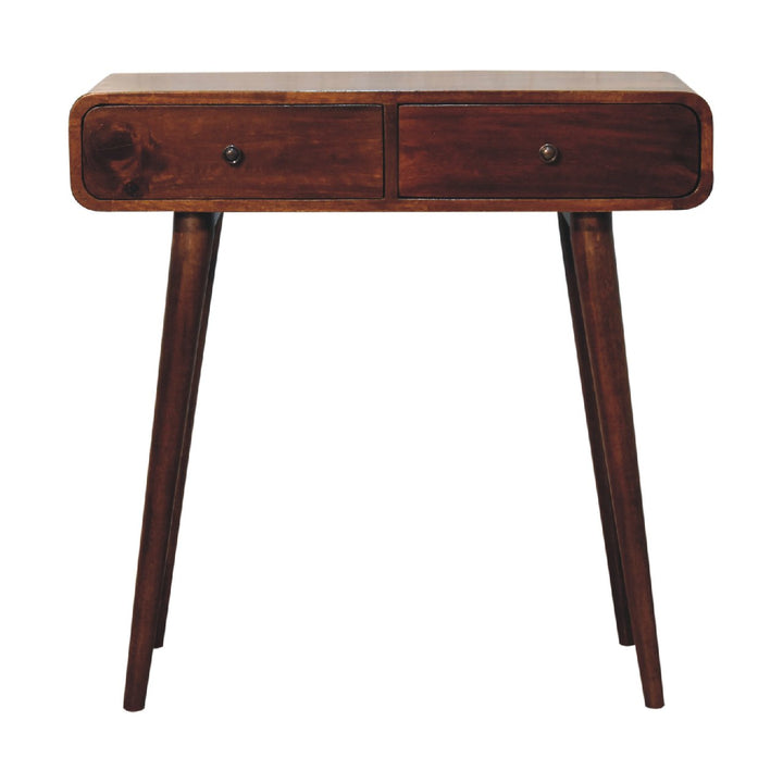 Solid Wood Chestnut Curved Hallway Table, 2-Drawers, Nordic Legs, Dark Brown