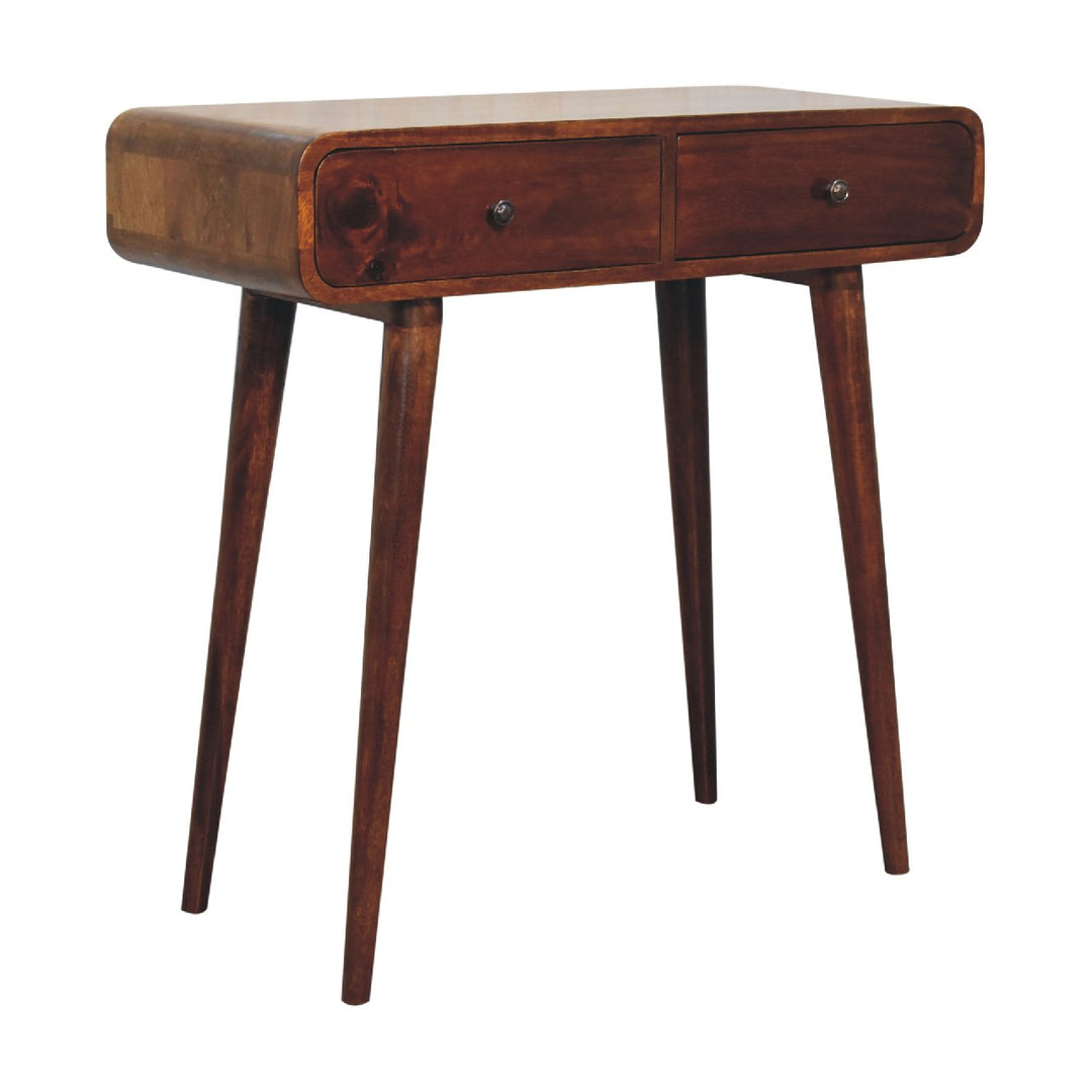 Solid Wood Chestnut Curved Hallway Table, 2-Drawers, Nordic Legs, Dark Brown