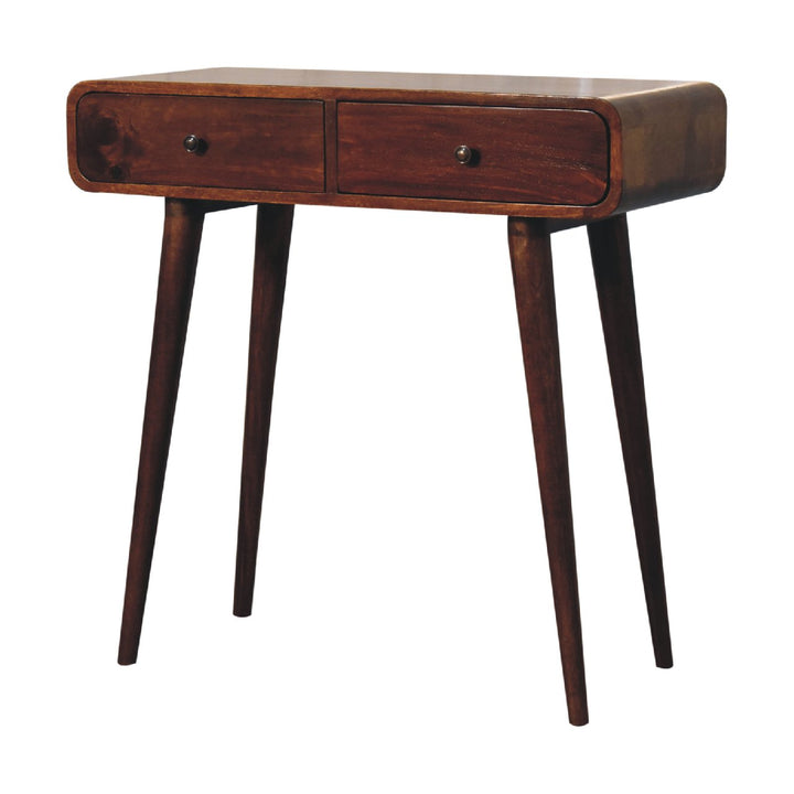 Solid Wood Chestnut Curved Hallway Table, 2-Drawers, Nordic Legs, Dark Brown