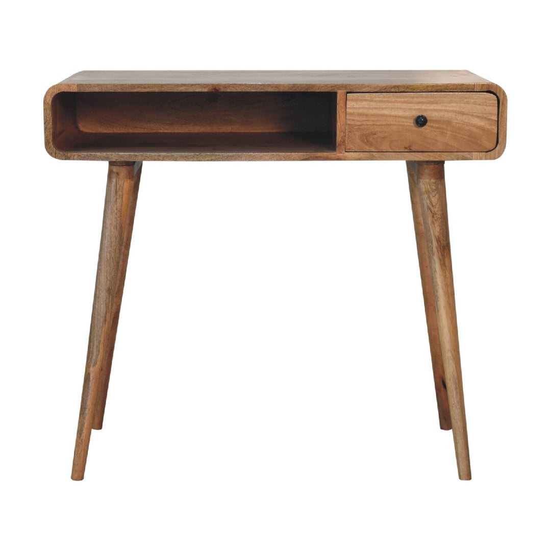 Solid Wood Curved Oak-ish Writing Desk, 1-Drawer, 1 Open-Slot, Nordic Legs, Light Brown