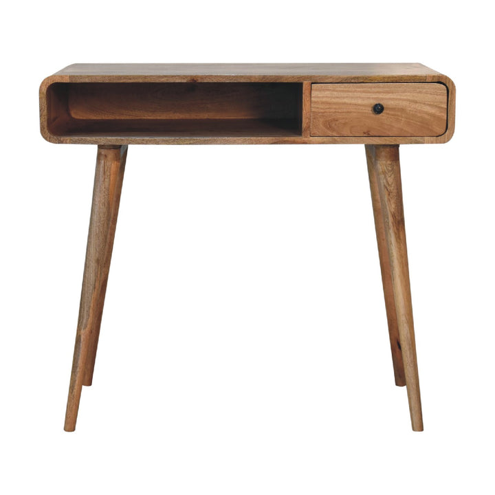 Solid Wood Curved Oak-ish Writing Desk, 1-Drawer, 1 Open-Slot, Nordic Legs, Light Brown
