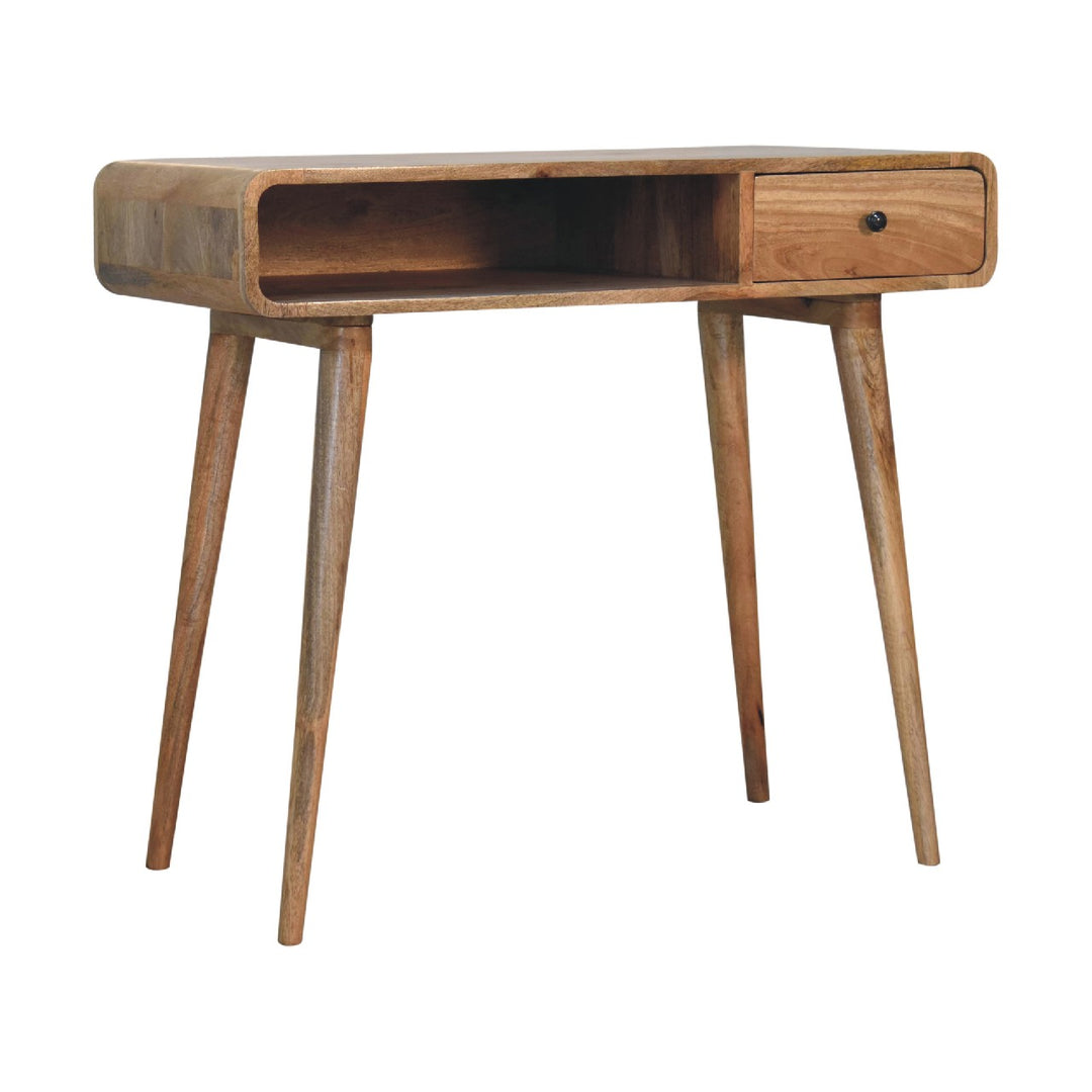 Solid Wood Curved Oak-ish Writing Desk, 1-Drawer, 1 Open-Slot, Nordic Legs, Light Brown
