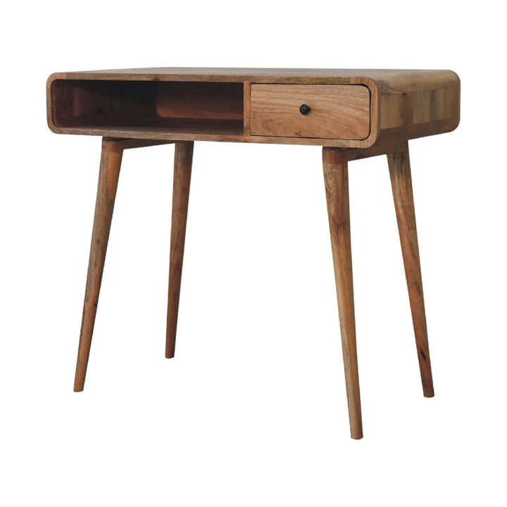 Solid Wood Curved Oak-ish Writing Desk, 1-Drawer, 1 Open-Slot, Nordic Legs, Light Brown