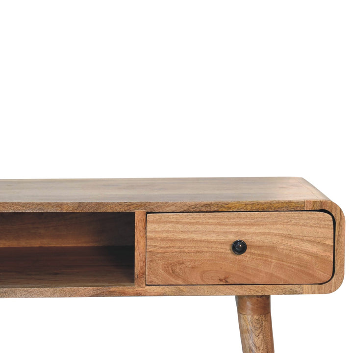 Solid Wood Curved Oak-ish Writing Desk, 1-Drawer, 1 Open-Slot, Nordic Legs, Light Brown