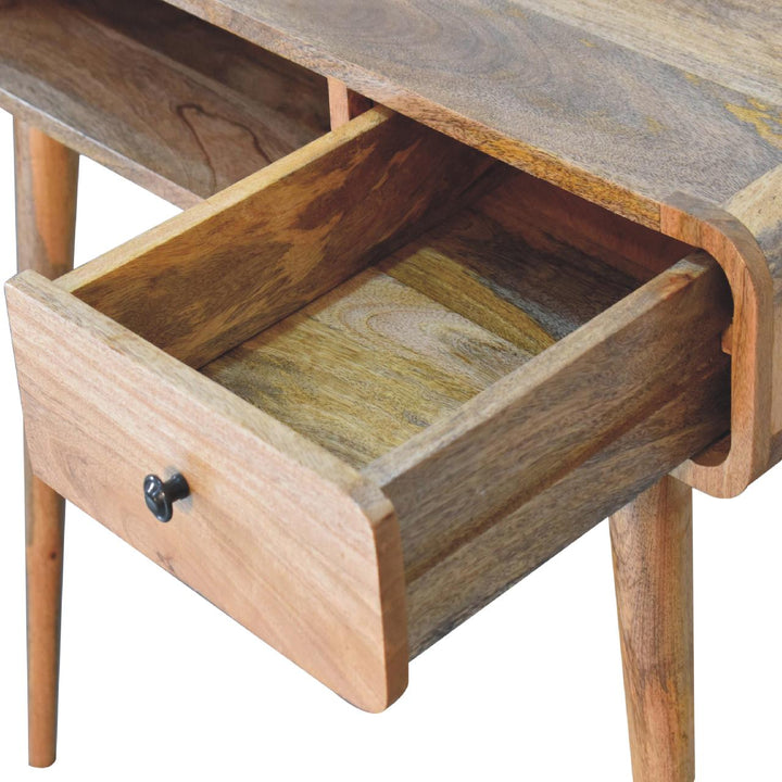 Solid Wood Curved Oak-ish Writing Desk, 1-Drawer, 1 Open-Slot, Nordic Legs, Light Brown