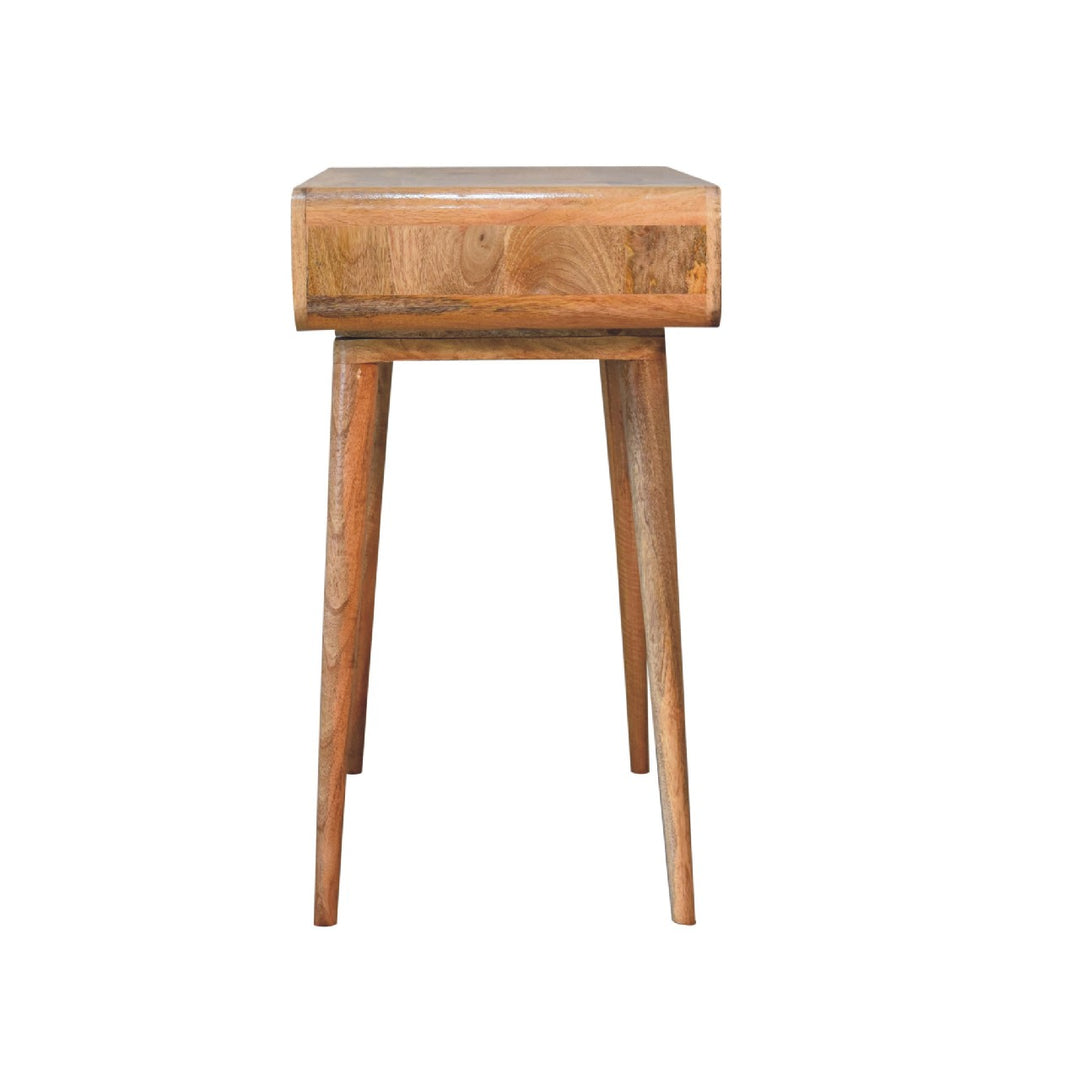 Solid Wood Curved Oak-ish Writing Desk, 1-Drawer, 1 Open-Slot, Nordic Legs, Light Brown
