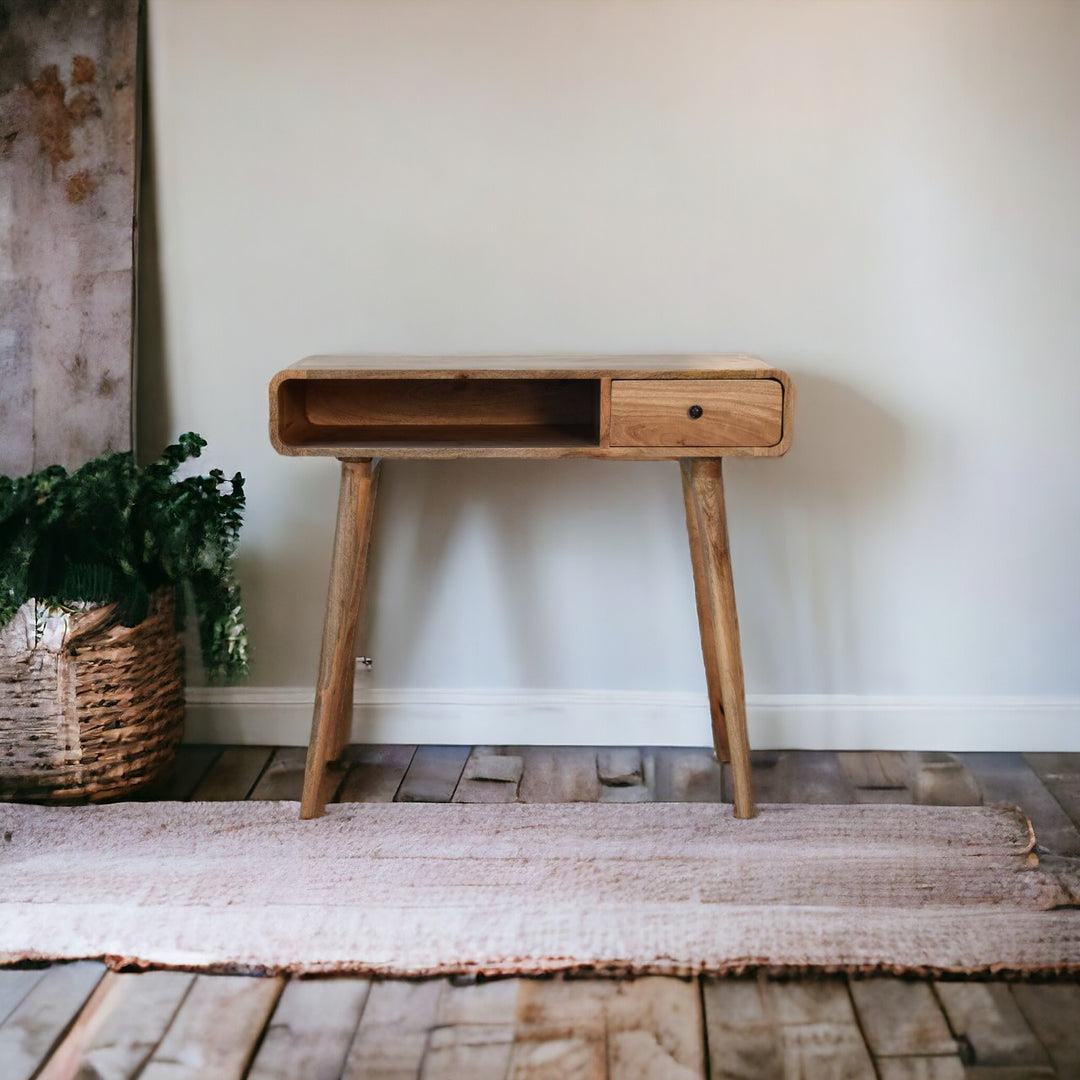 Solid Wood Curved Oak-ish Writing Desk, 1-Drawer, 1 Open-Slot, Nordic Legs, Light Brown