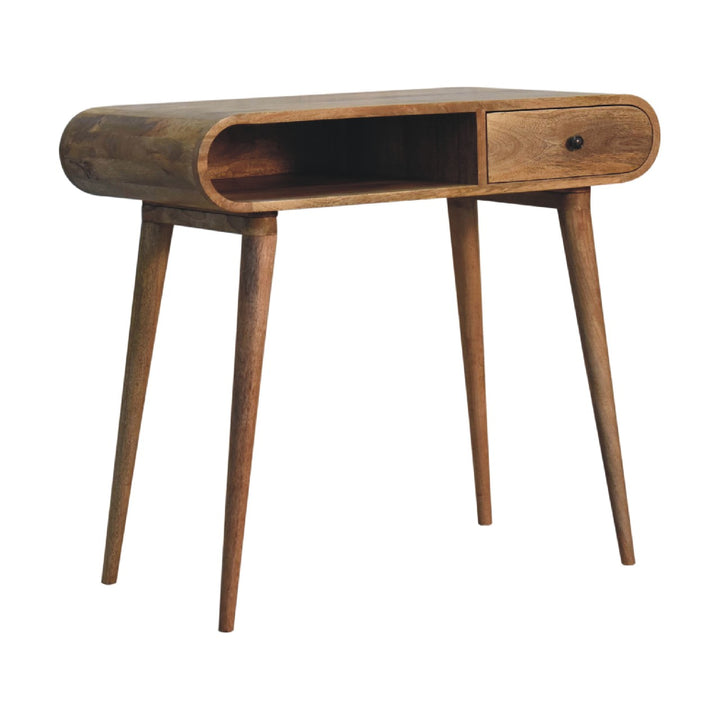 Solid Wood Curved Writing Desk, 1- Drawer, 1 Open Slot, Chestnut, Brown