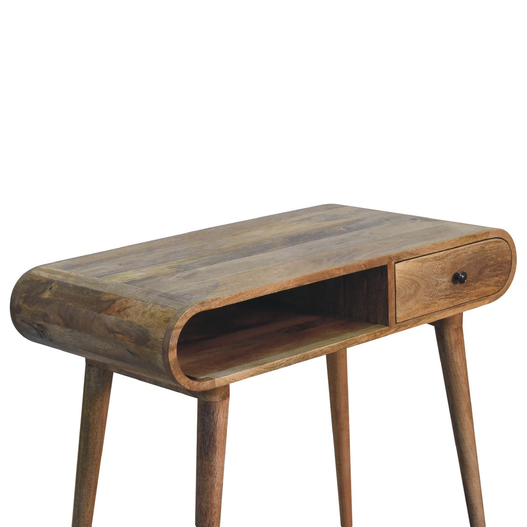 Solid Wood Curved Writing Desk, 1- Drawer, 1 Open Slot, Chestnut, Brown